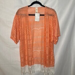 NWT MOA CORAL LACE FRINGE KIMONO SWEATER (S)